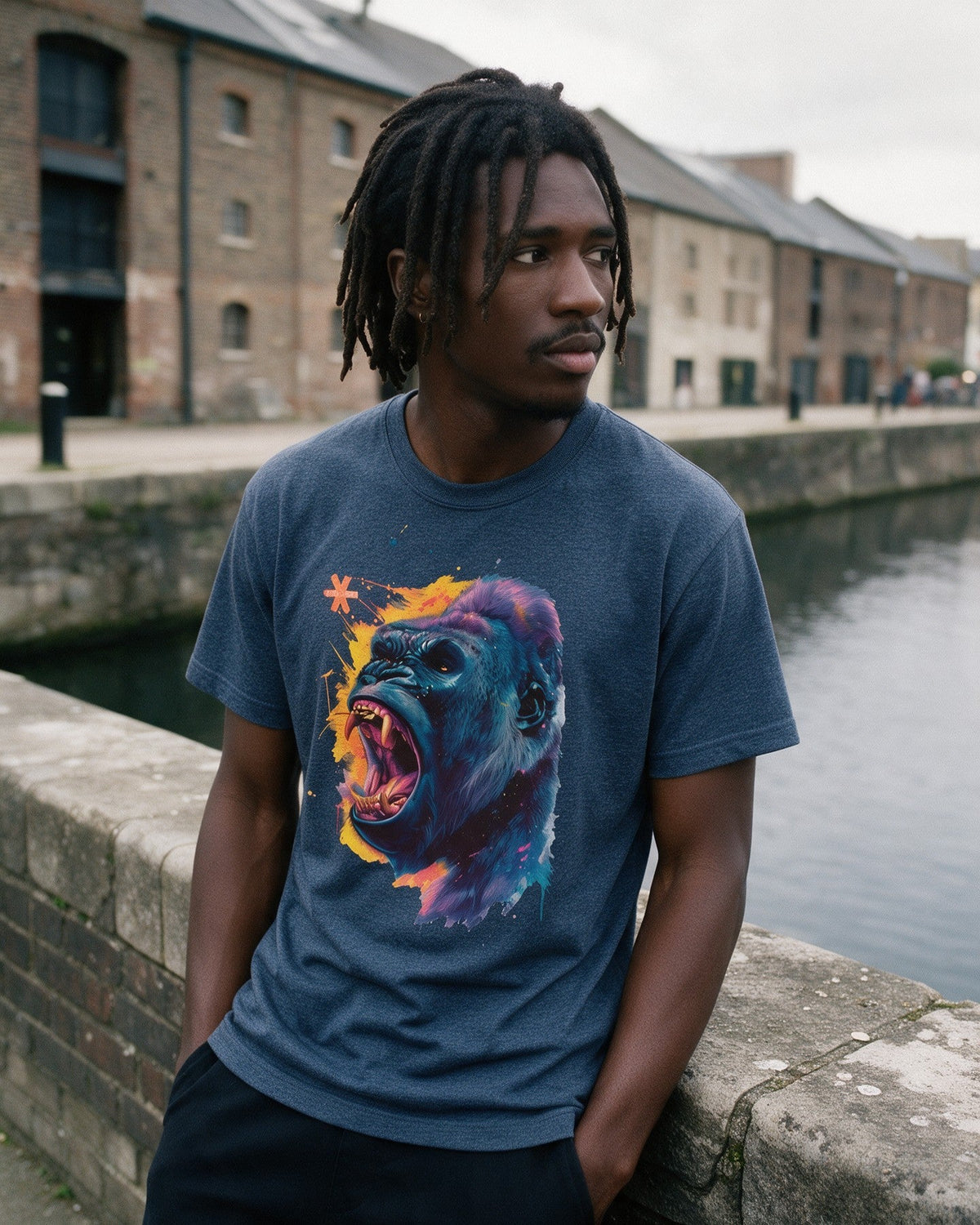 Savage Beast T-Shirt in Heather Navy worn on the street — Urban Kong