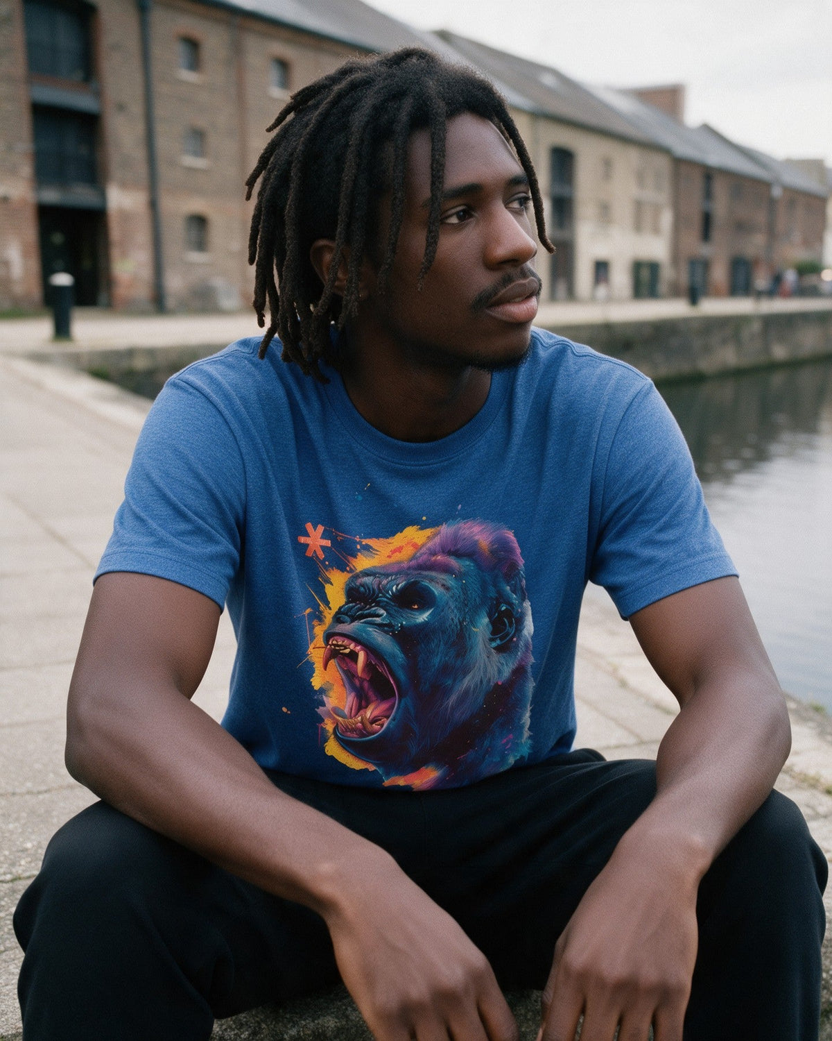Savage Beast T-Shirt in Heather Royal worn on the street — Urban Kong