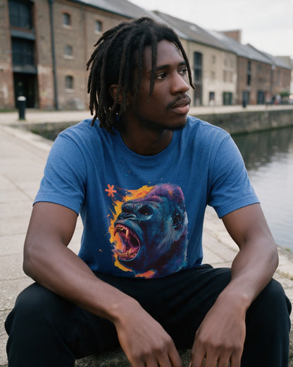 Savage Beast T-Shirt in Heather Royal worn on the street — Urban Kong
