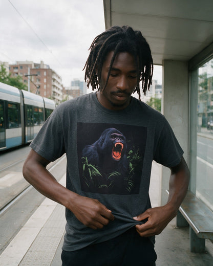 Savage Strength T-Shirt in Dark Heather worn on the street — Urban Kong