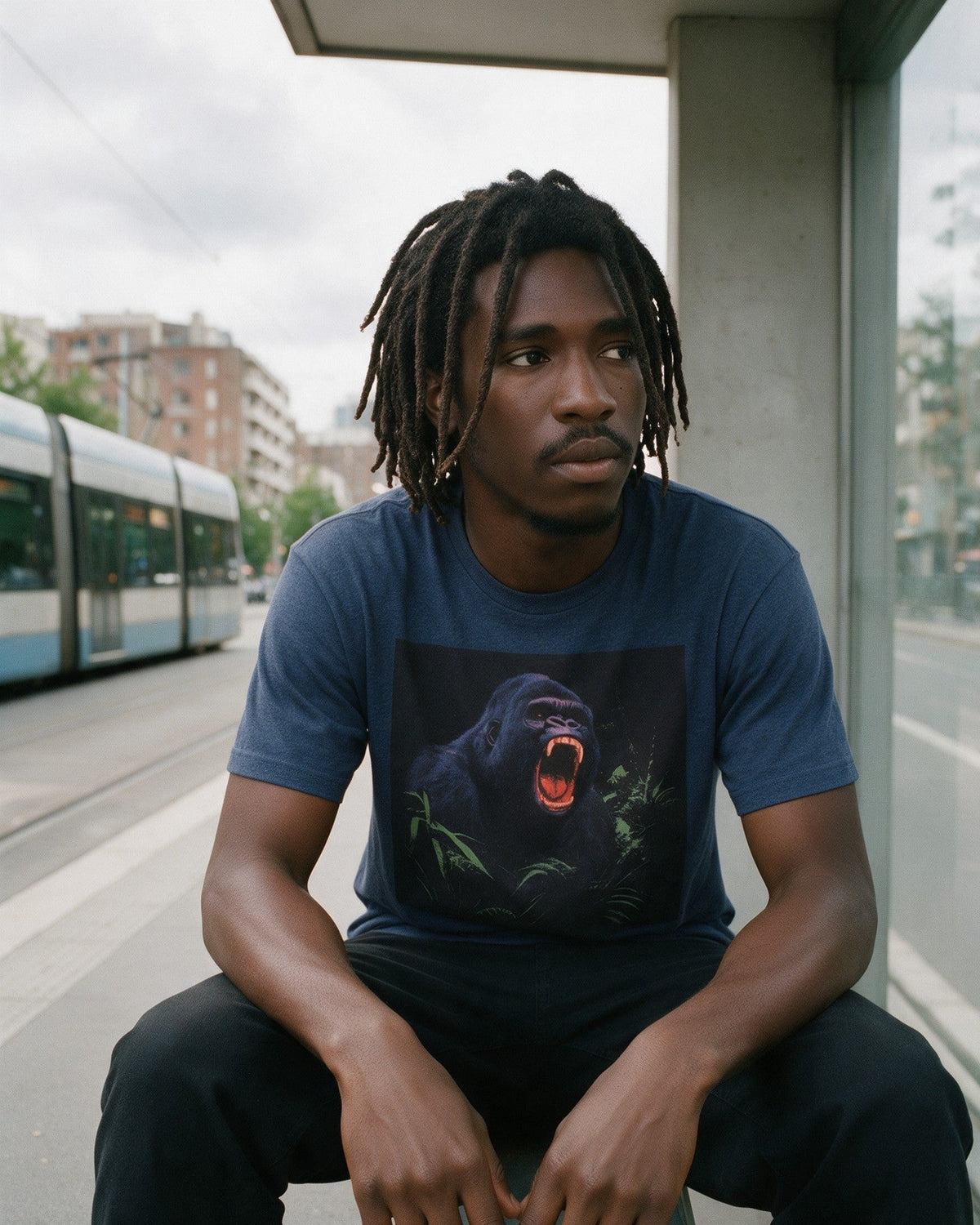 Savage Strength T-Shirt in Heather Indigo worn on the street — Urban Kong