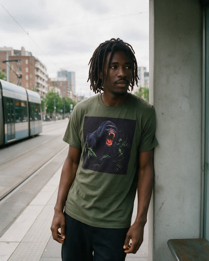 Savage Strength T-Shirt in Military Green worn on the street — Urban Kong