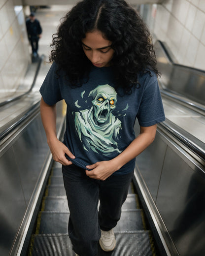 Screaming Ghost T-Shirt in Heather Navy worn on the street — Urban Kong