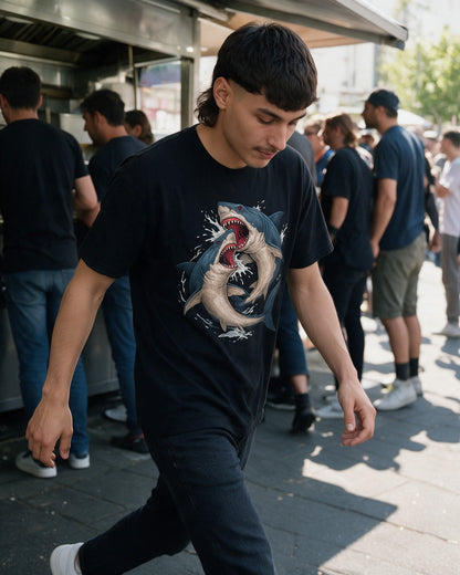 Shark Fight T-Shirt in Black worn on the street — Urban Kong