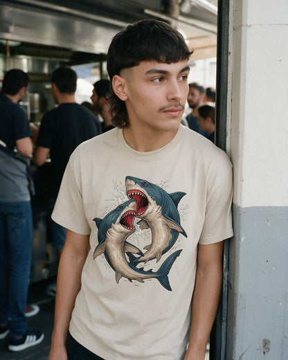 Shark Fight T-Shirt in Sand worn on the street — Urban Kong