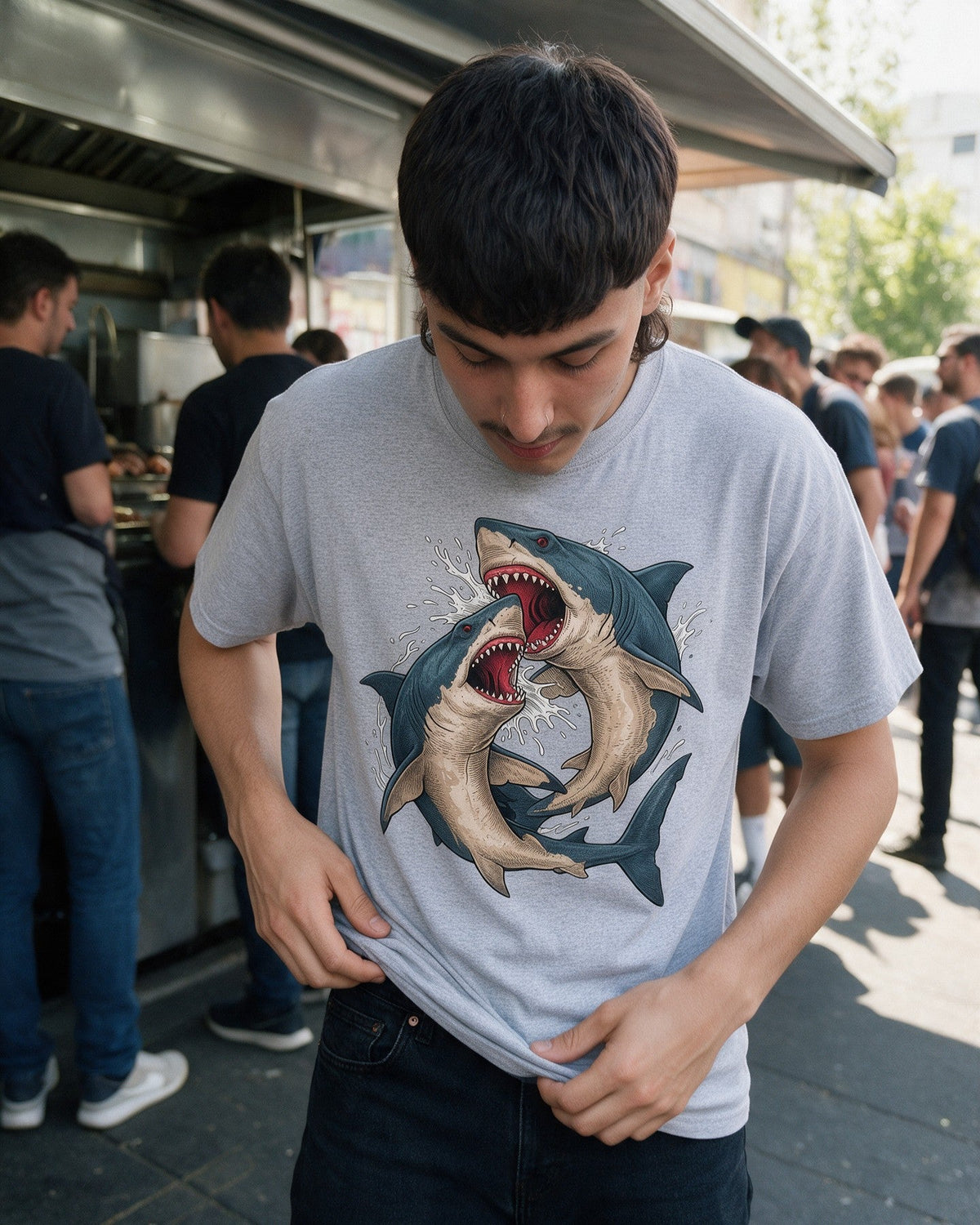 Shark Fight T-Shirt in Sport Grey worn on the street — Urban Kong
