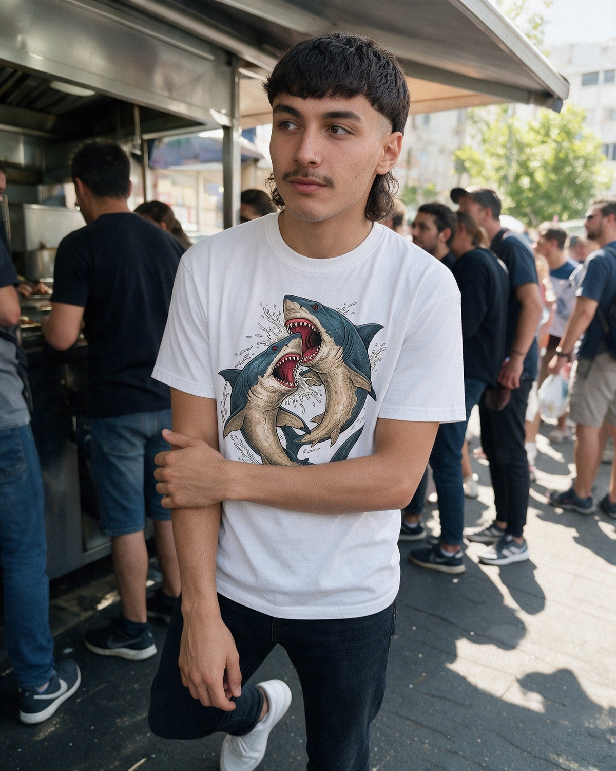 Shark Fight T-Shirt in White worn on the street — Urban Kong