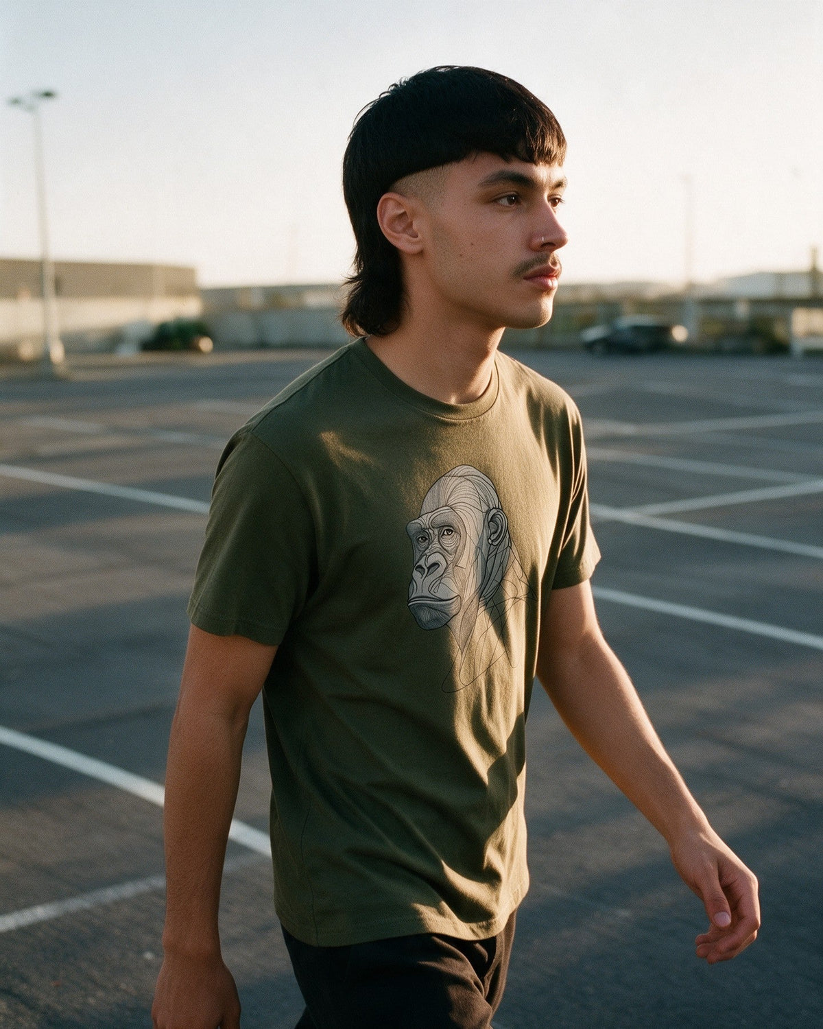 Silent Giant T-Shirt in Military Green worn on the street — Urban Kong