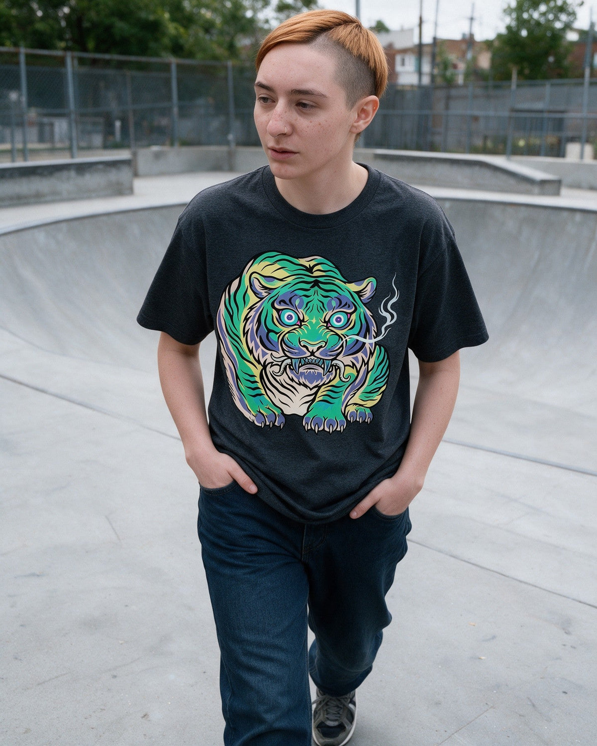 Smoking Tiger T-Shirt in Dark Heather worn on the street — Urban Kong