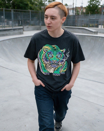 Smoking Tiger T-Shirt in Dark Heather worn on the street — Urban Kong