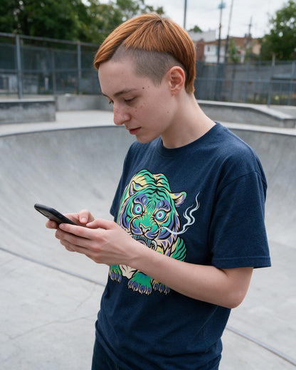 Smoking Tiger T-Shirt in Heather Navy worn on the street — Urban Kong