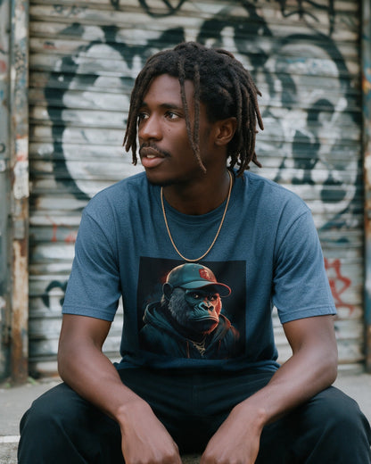Smooth Kong T-Shirt in Heather Indigo worn on the street — Urban Kong