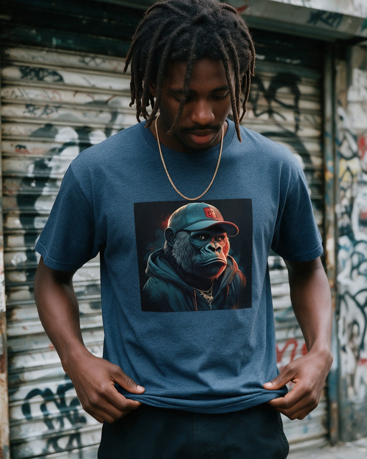 Smooth Kong T-Shirt in Heather Navy worn on the street — Urban Kong