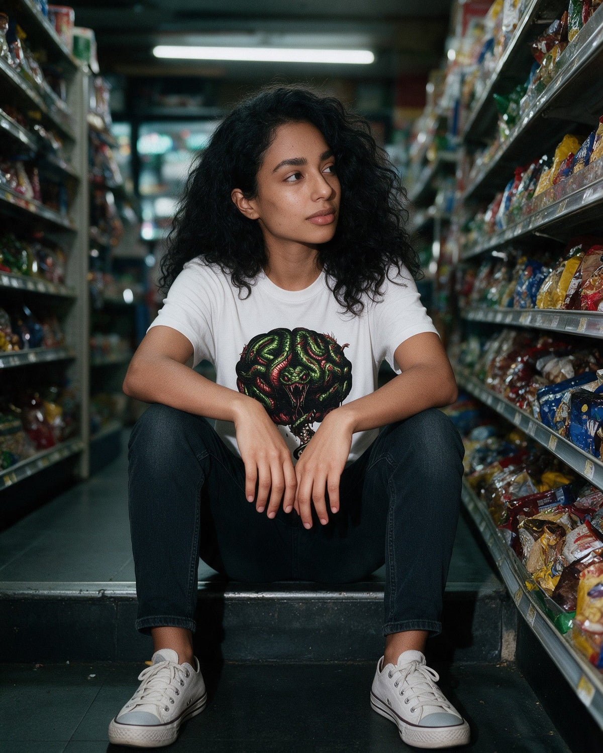Snake Brain II T-Shirt in White worn on the street — Urban Kong