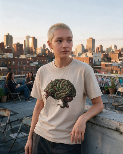 Snake Brain T-Shirt in Sand worn on the street — Urban Kong