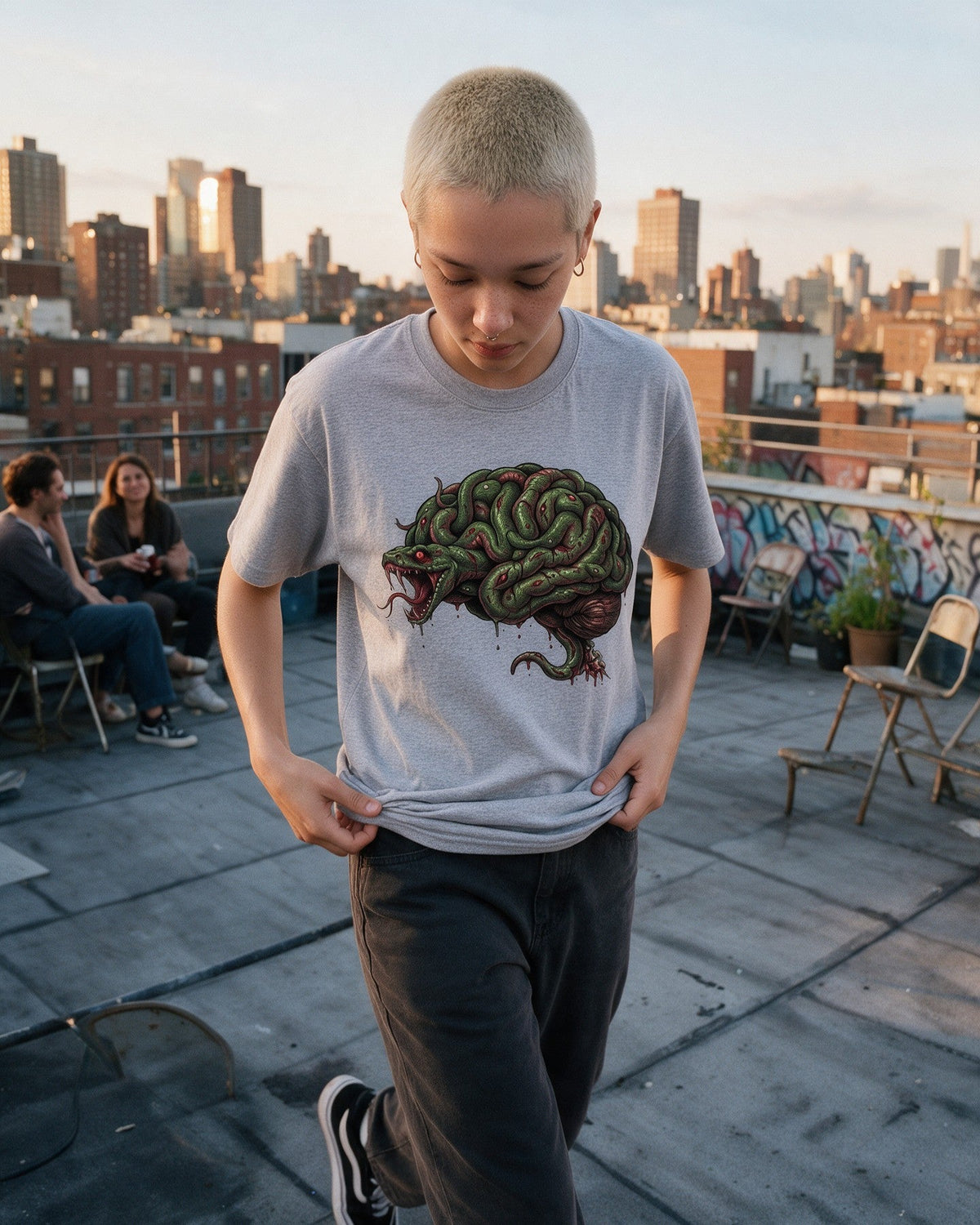 Snake Brain T-Shirt in Sport Grey worn on the street — Urban Kong