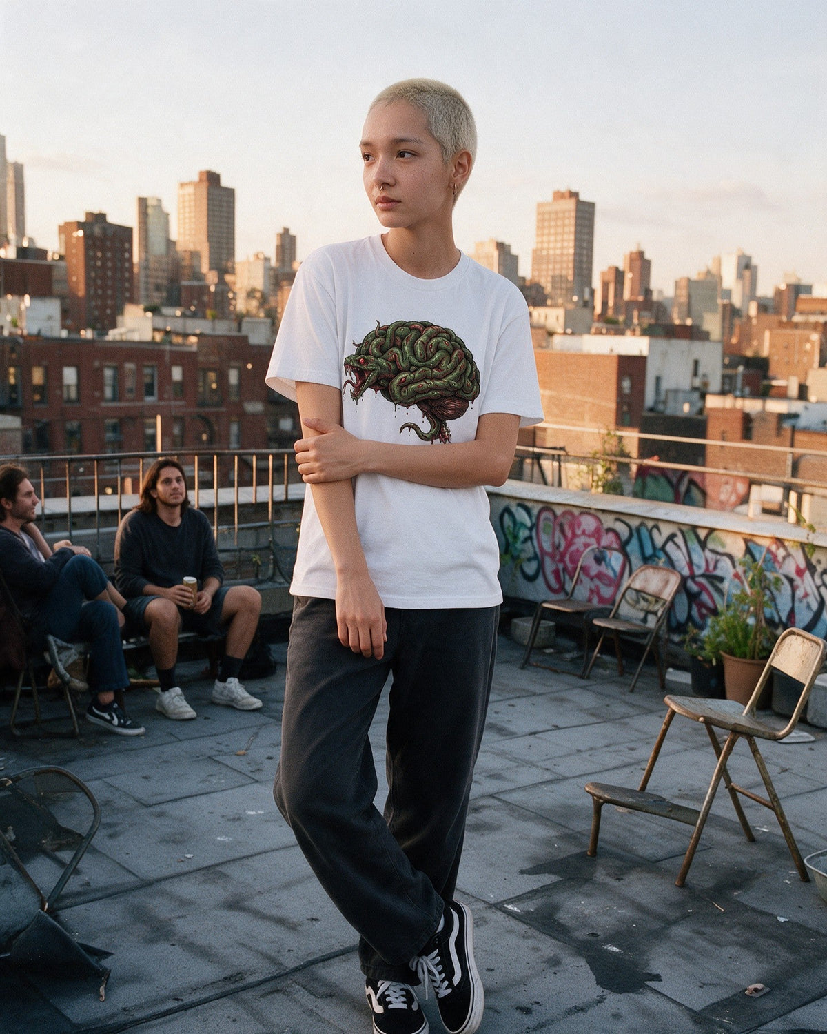 Snake Brain T-Shirt in White worn on the street — Urban Kong
