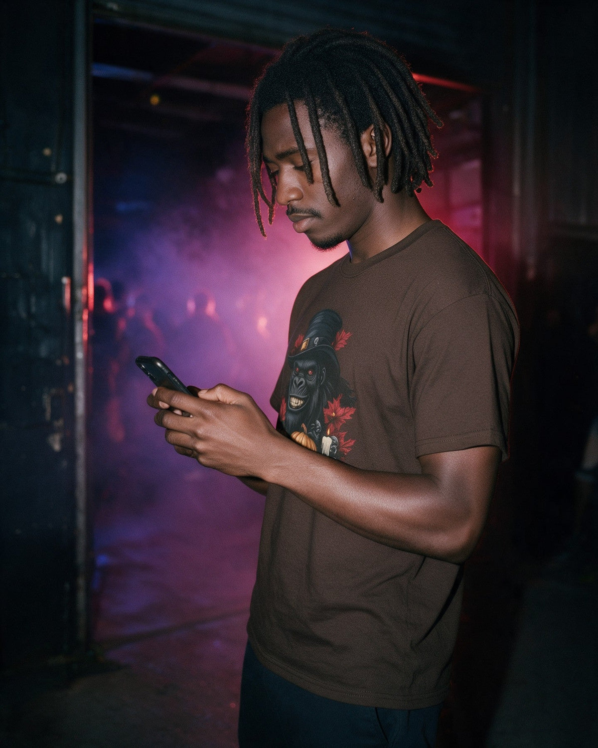 Spooky Gent T-Shirt in Dark Chocolate worn on the street — Urban Kong