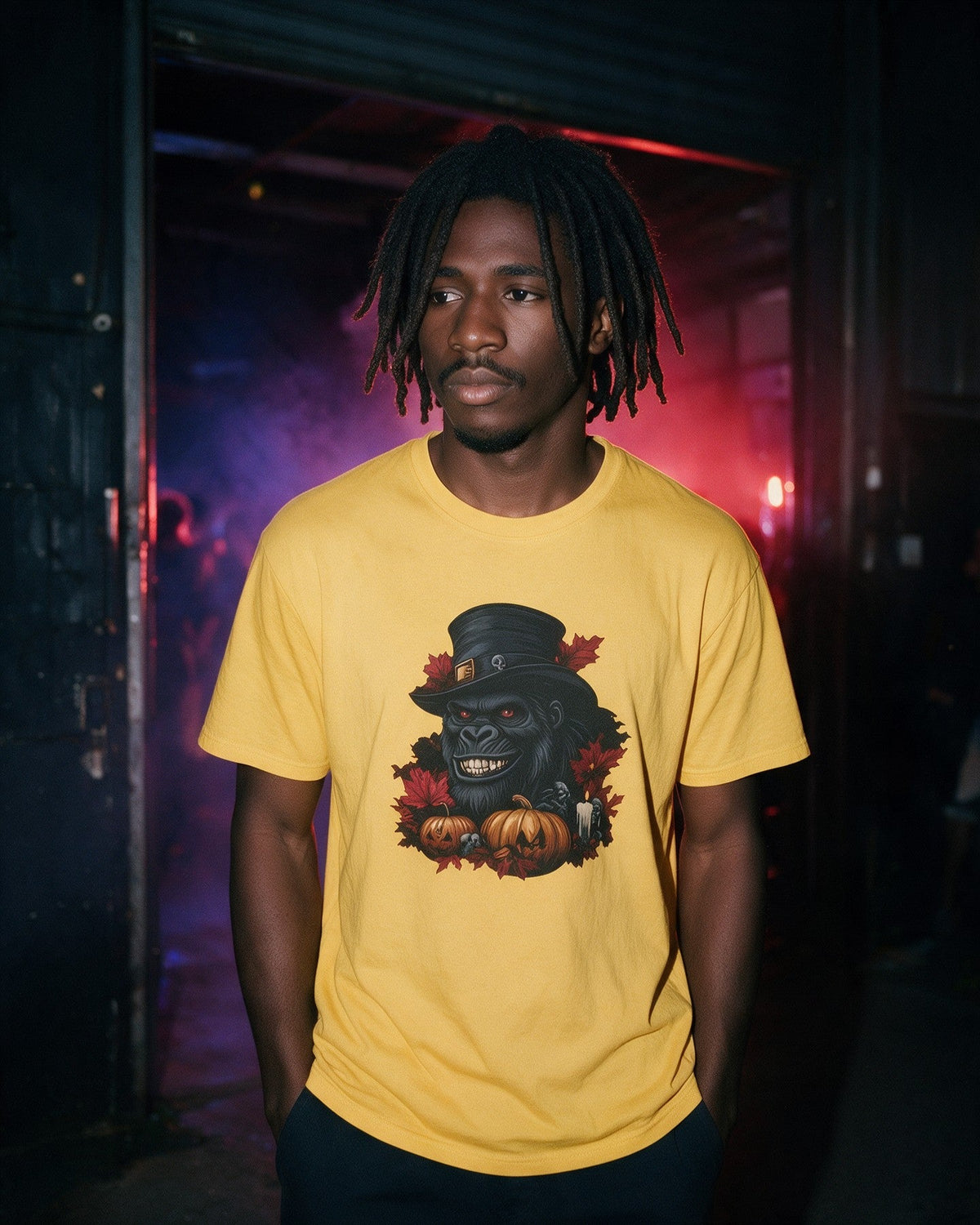 Spooky Gent T-Shirt in Gold worn on the street — Urban Kong