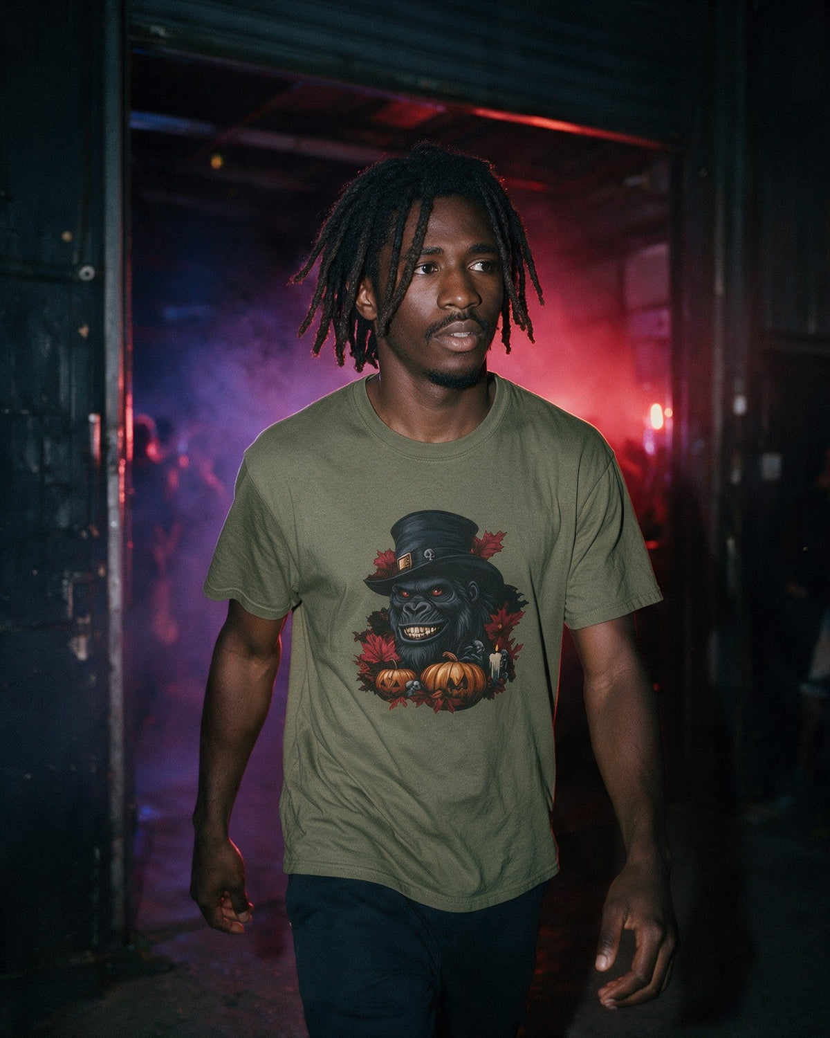 Spooky Gent T-Shirt in Military Green worn on the street — Urban Kong