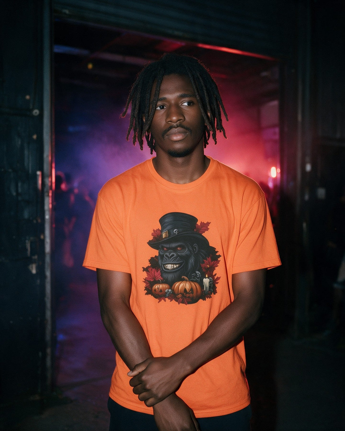 Spooky Gent T-Shirt in Orange worn on the street — Urban Kong