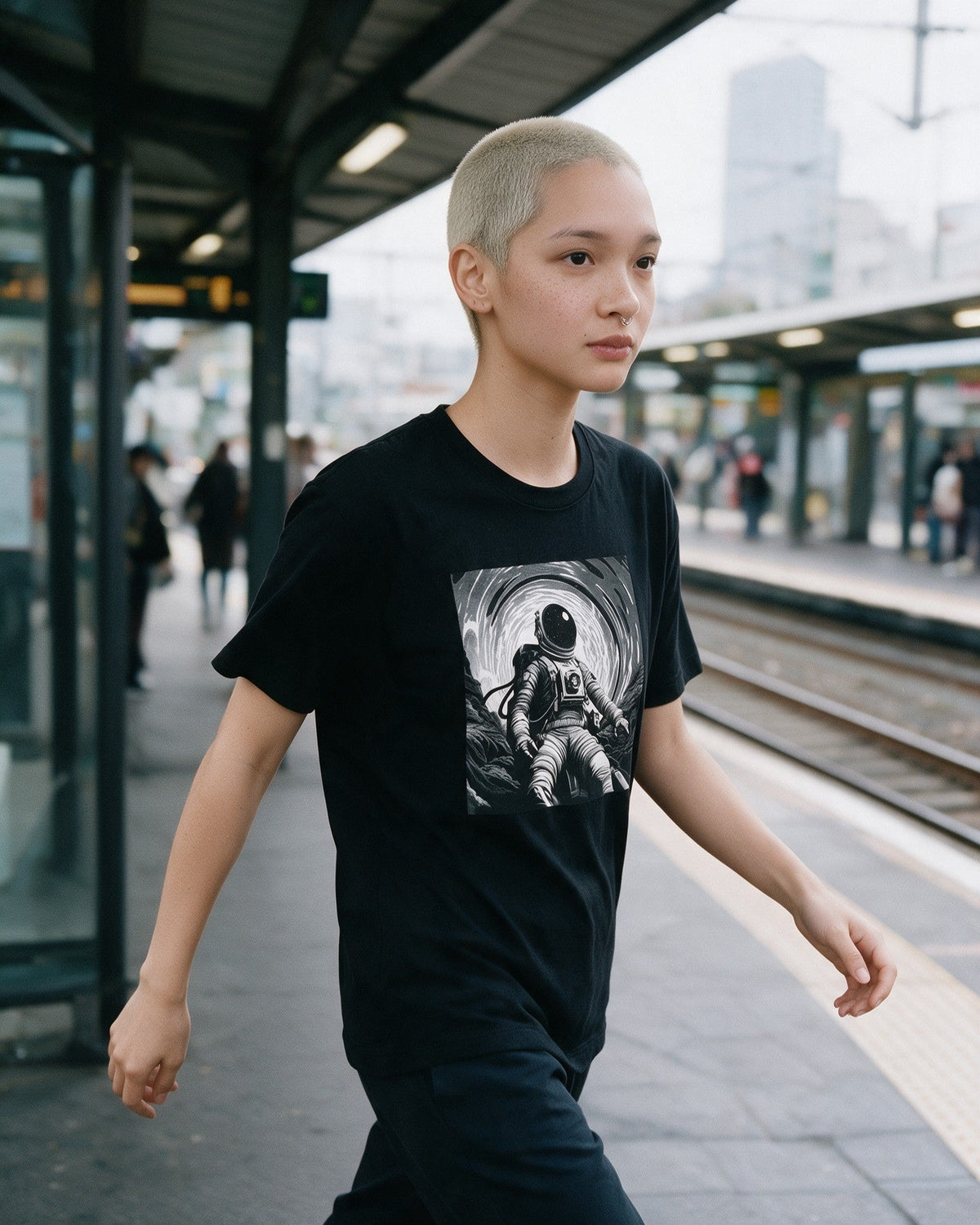 Starlight Explorer T-Shirt in Black worn on the street — Urban Kong