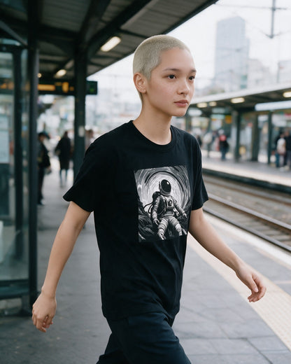 Starlight Explorer T-Shirt in Black worn on the street — Urban Kong