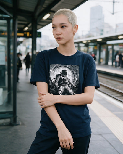 Starlight Explorer T-Shirt in Navy worn on the street — Urban Kong