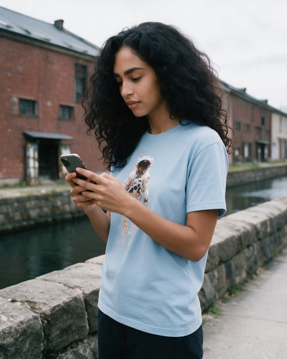 Stellar Voyager T-Shirt in Light Blue worn on the street — Urban Kong