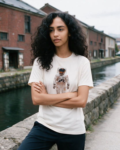 Stellar Voyager T-Shirt in Natural worn on the street — Urban Kong