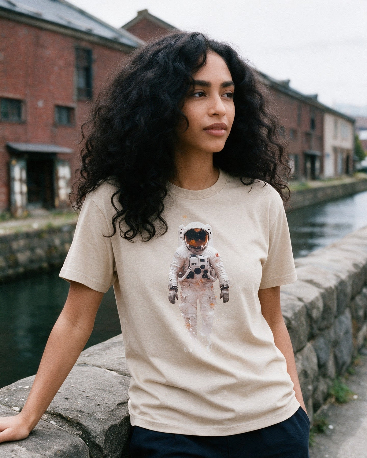 Stellar Voyager T-Shirt in Sand worn on the street — Urban Kong