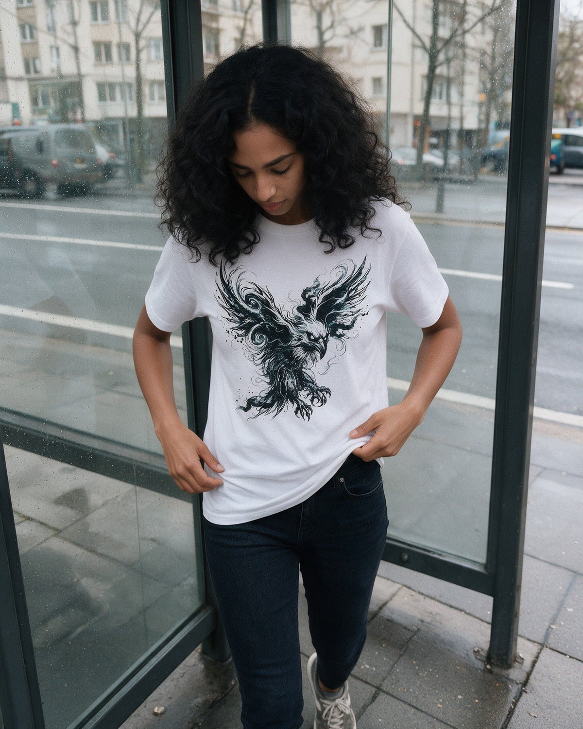 Storm Eagle T-Shirt in White worn on the street — Urban Kong