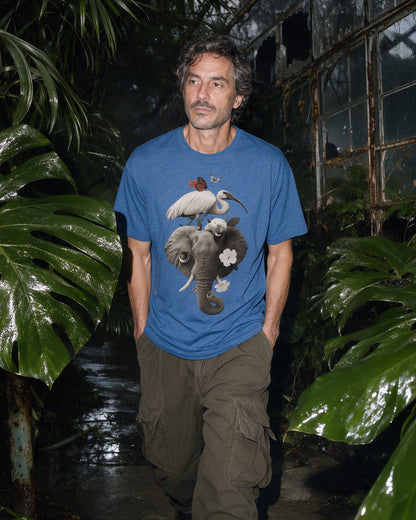 Strange Safari T-Shirt in Heather Royal worn on the street — Urban Kong