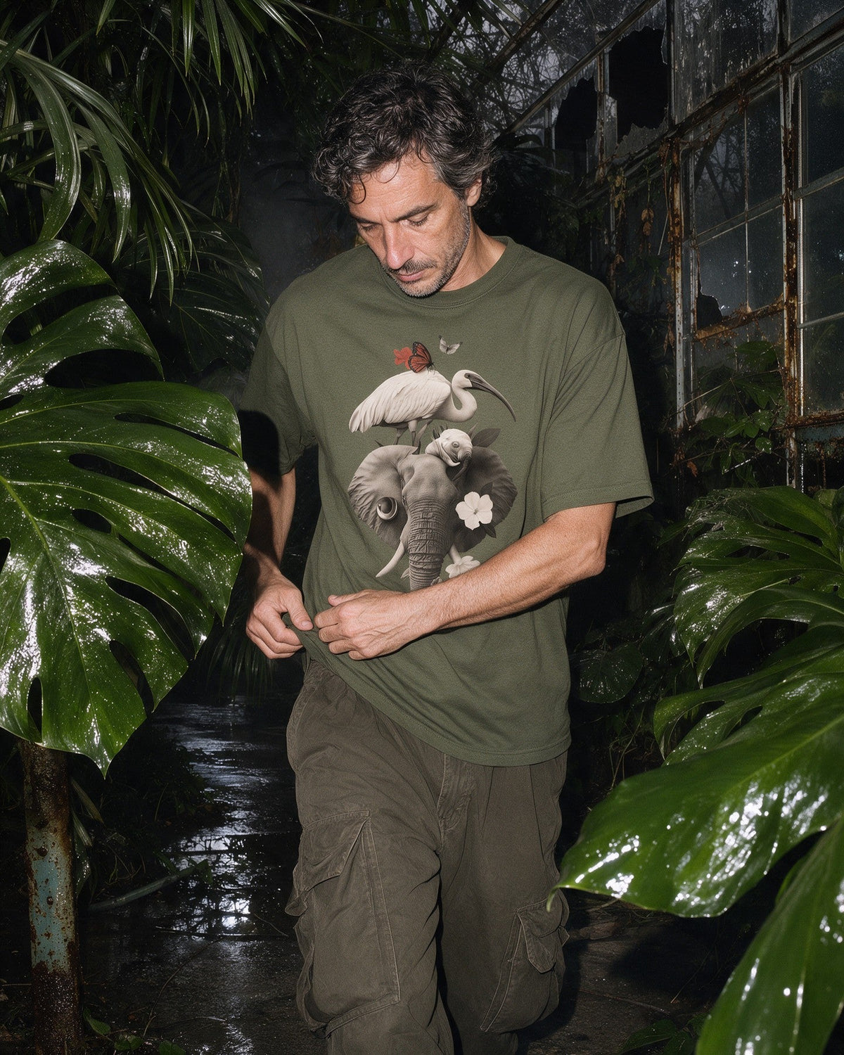 Strange Safari T-Shirt in Military Green worn on the street — Urban Kong