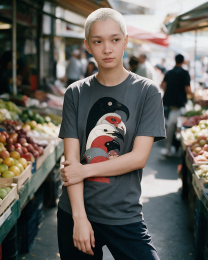 Street Parrots T-Shirt in Charcoal worn on the street — Urban Kong