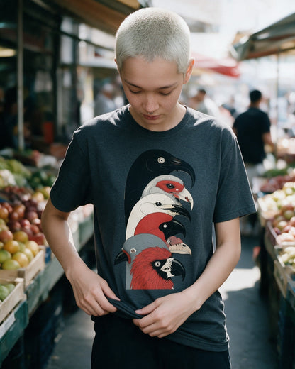 Street Parrots T-Shirt in Dark Heather worn on the street — Urban Kong