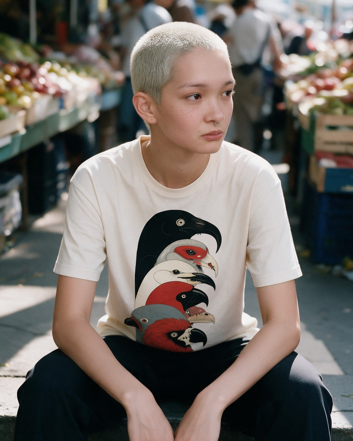 Street Parrots T-Shirt in Natural worn on the street — Urban Kong
