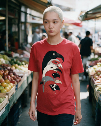 Street Parrots T-Shirt in Red worn on the street — Urban Kong