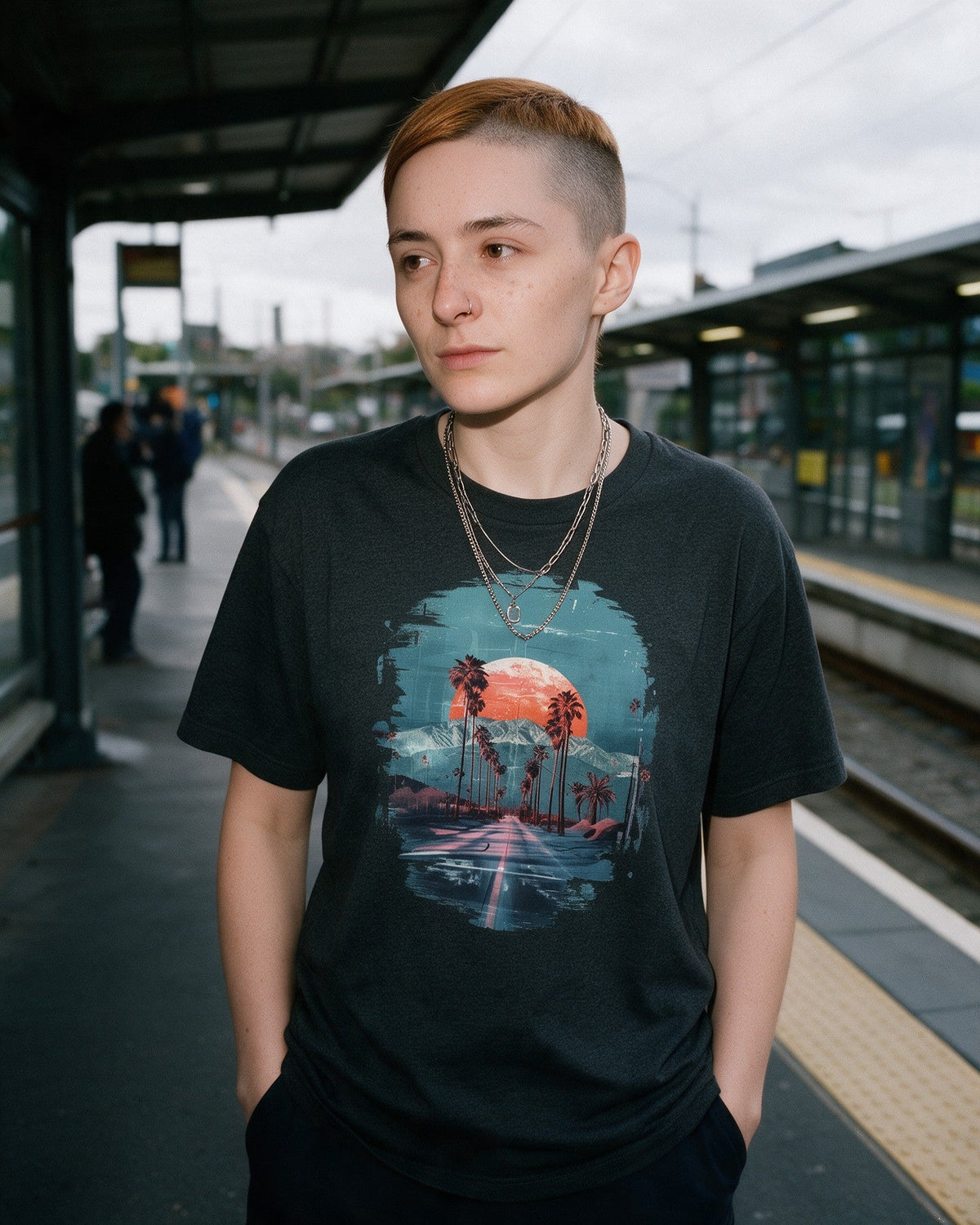 Sunset Boulevard T-Shirt in Dark Heather worn on the street — Urban Kong