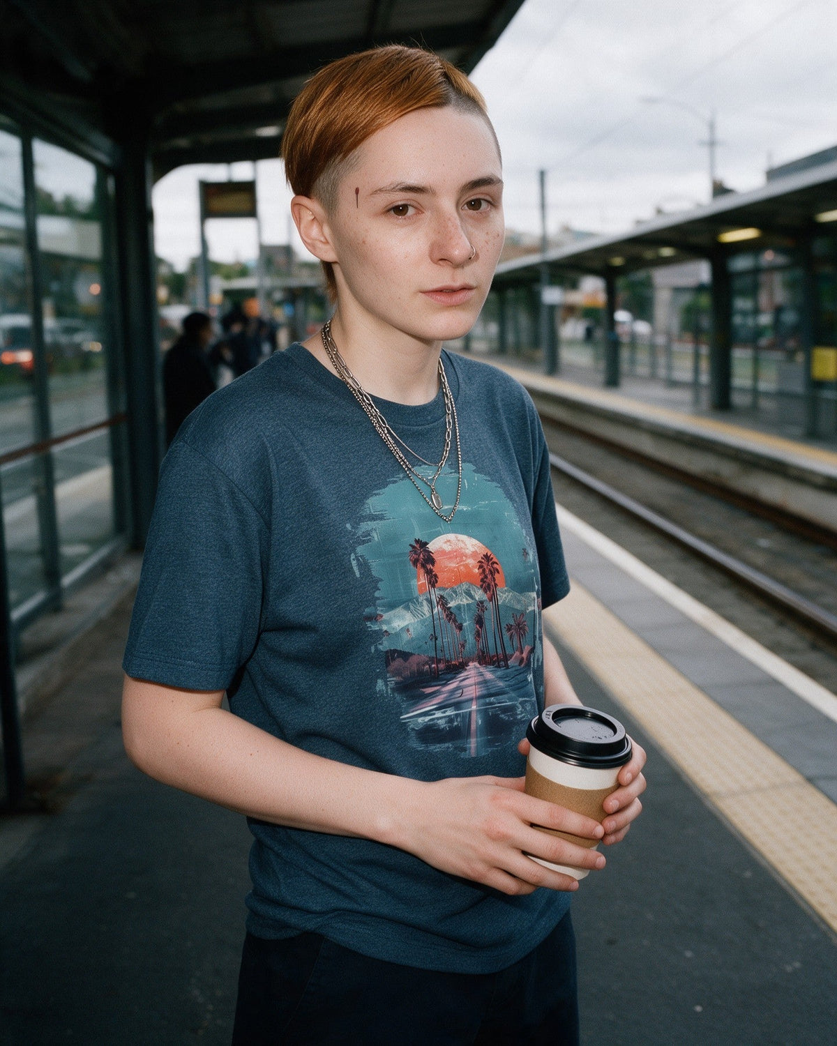 Sunset Boulevard T-Shirt in Heather Indigo worn on the street — Urban Kong