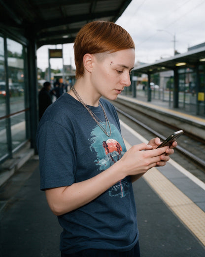 Sunset Boulevard T-Shirt in Heather Navy worn on the street — Urban Kong