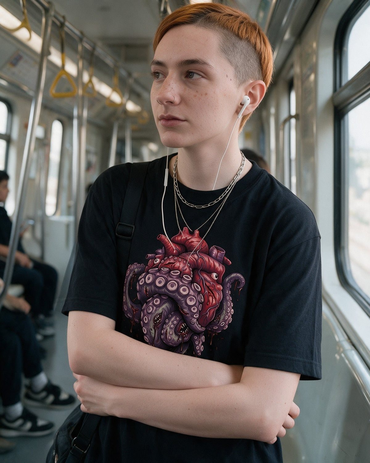 Tentacle Heart T-Shirt in Black worn on the street — Urban Kong