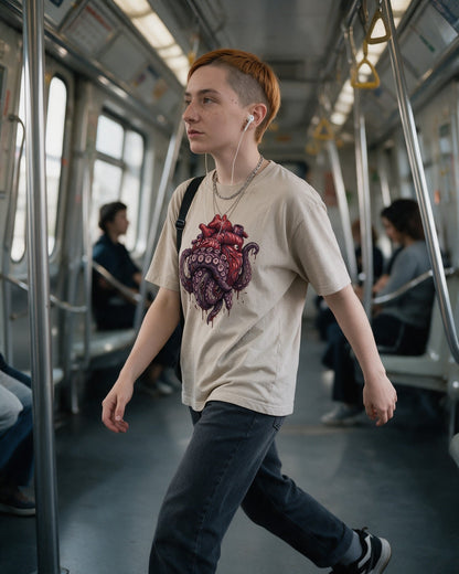Tentacle Heart T-Shirt in Sand worn on the street — Urban Kong