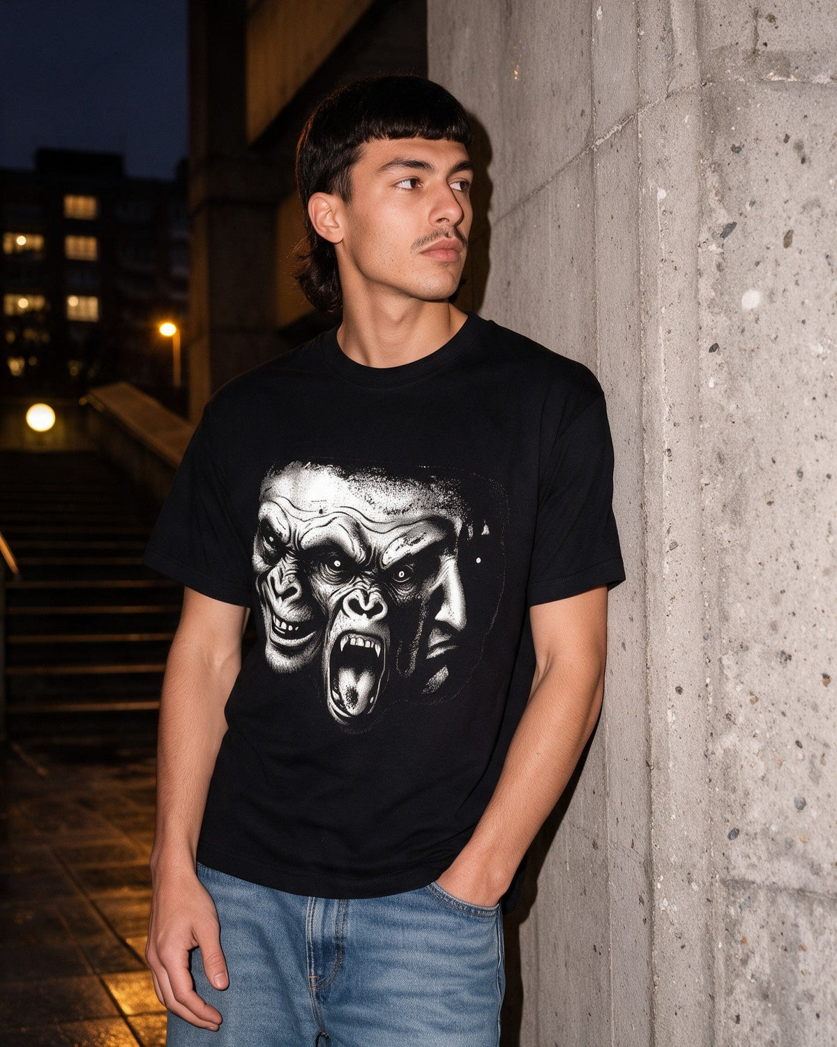 Three Faces T-Shirt in Black worn on the street — Urban Kong