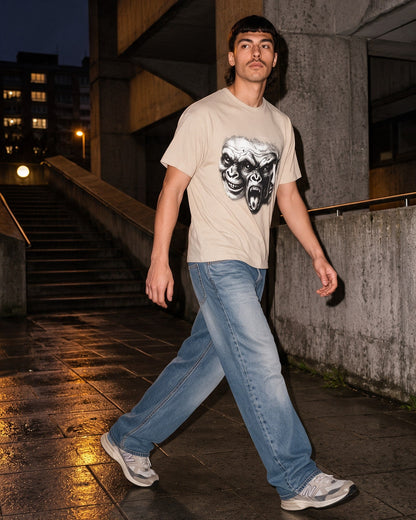 Three Faces T-Shirt in Sand worn on the street — Urban Kong