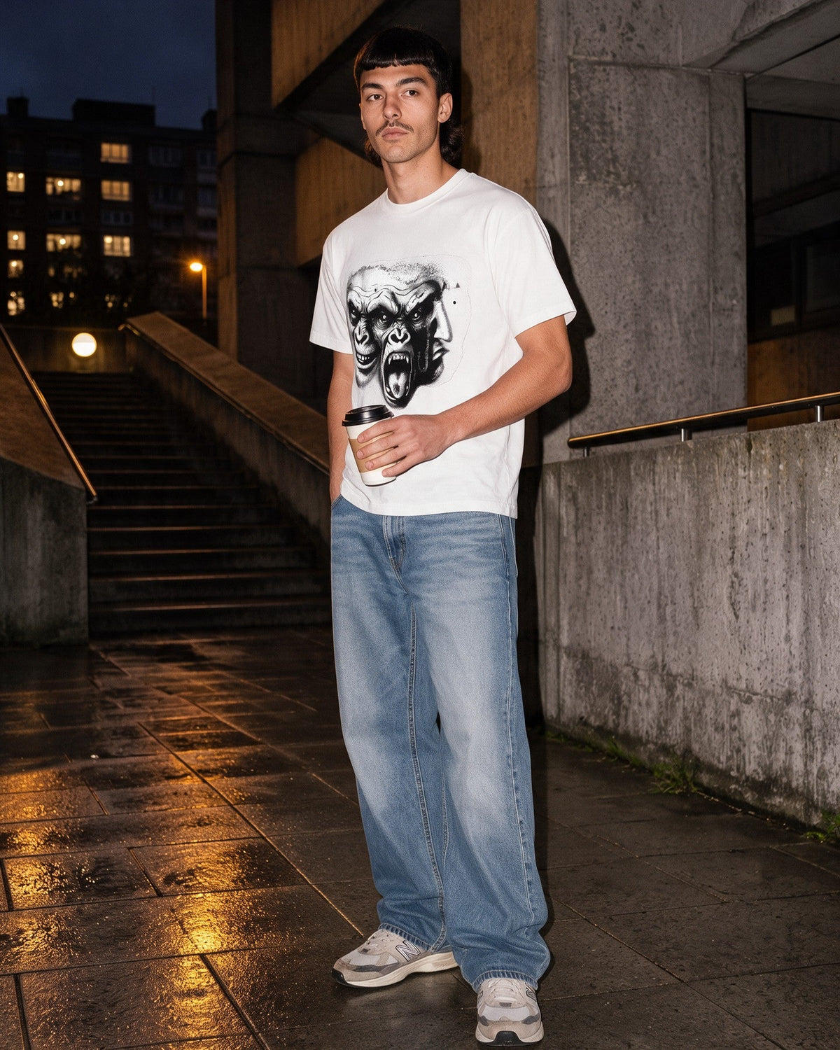 Three Faces T-Shirt in White worn on the street — Urban Kong