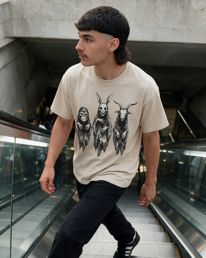 Three Spirits T-Shirt in Sand worn on the street — Urban Kong