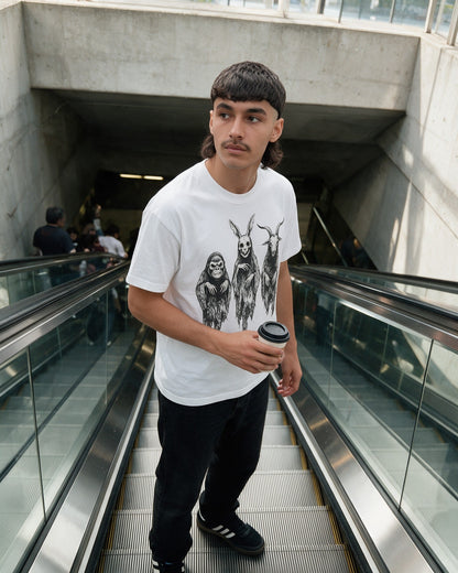 Three Spirits T-Shirt in White worn on the street — Urban Kong