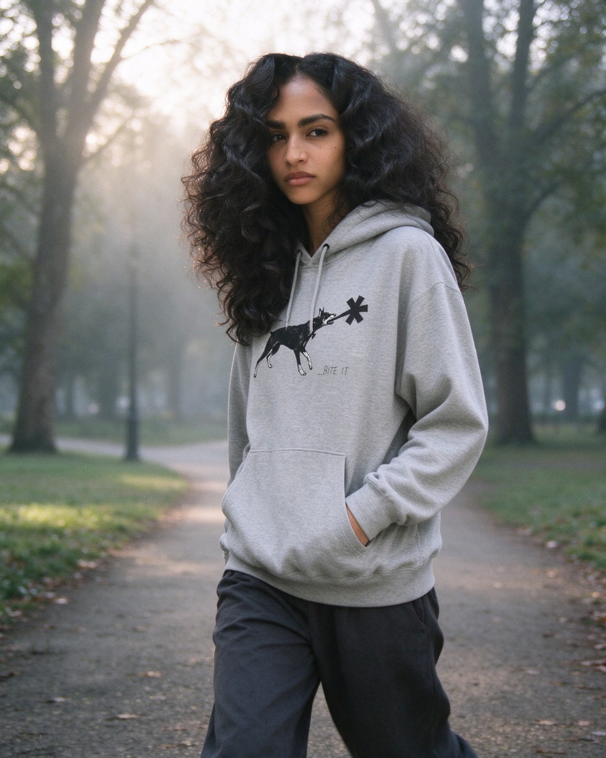 Dober Bite Hoodie worn on the street — Urban Kong