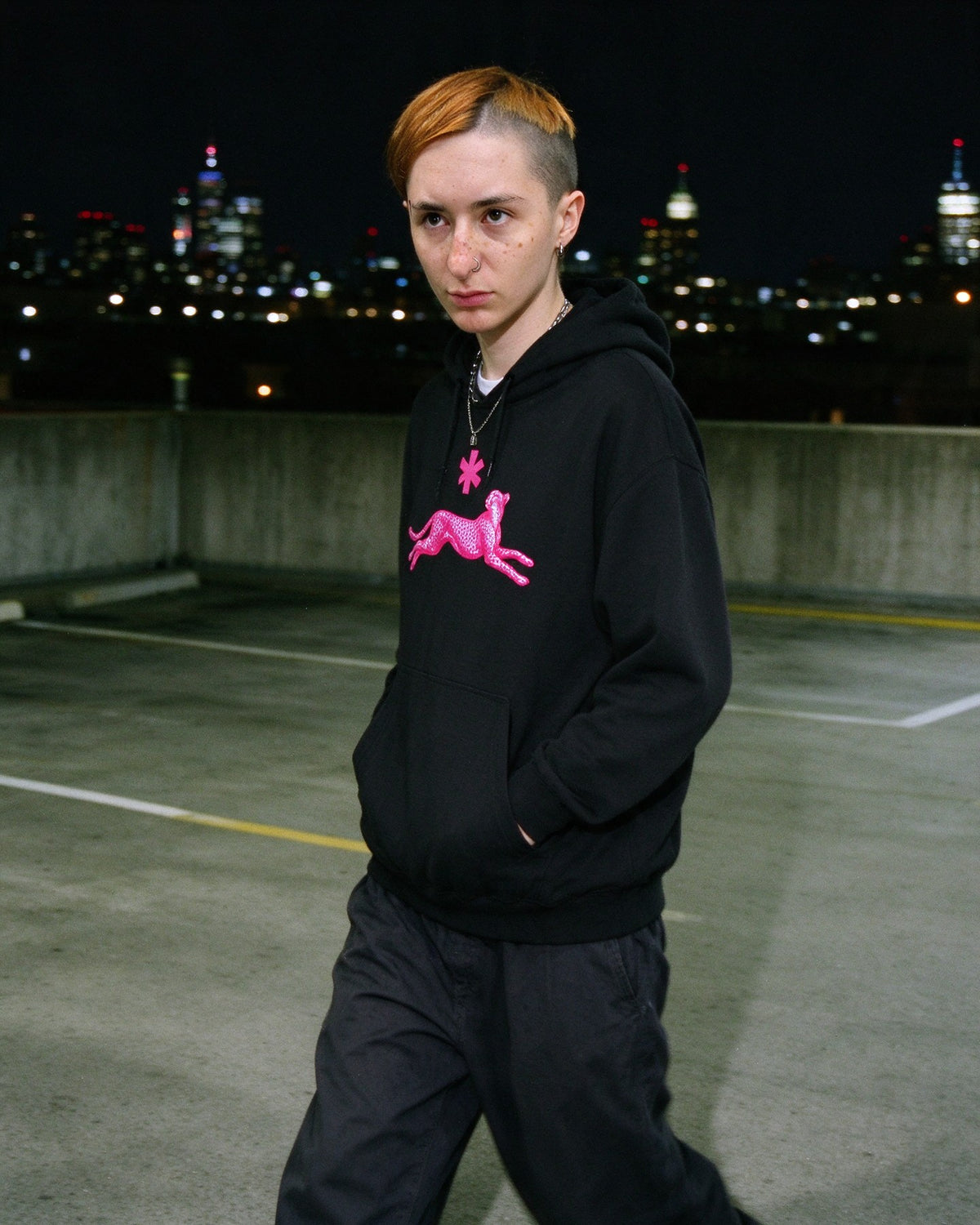 Neon Leopard Hoodie worn on the street — Urban Kong